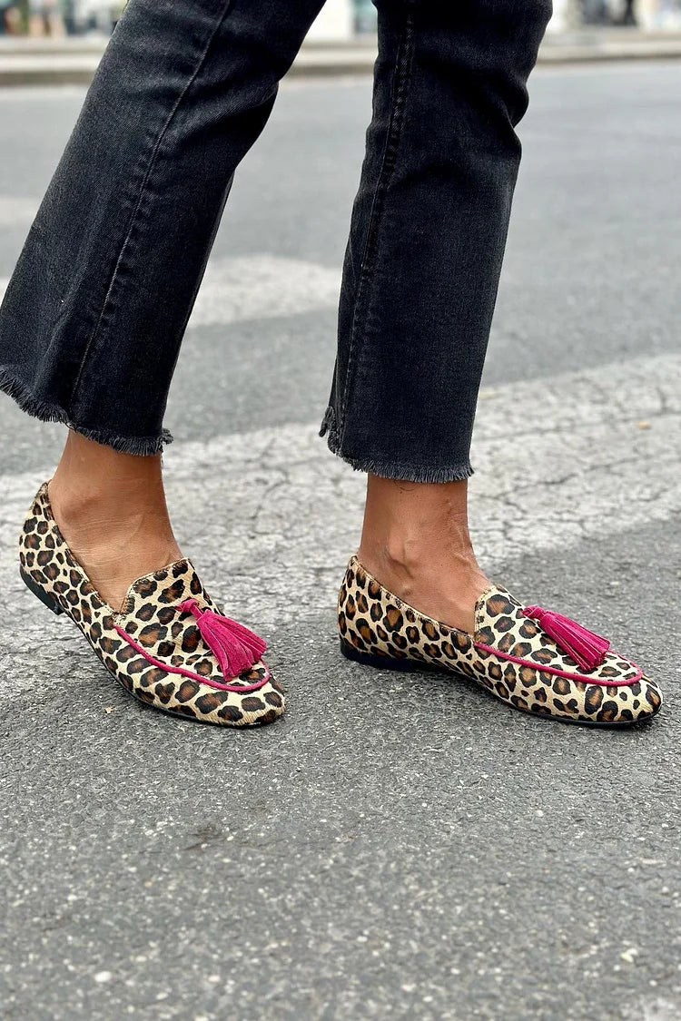 Giselle | Animal Print Loafer with Fuchsia Fringes