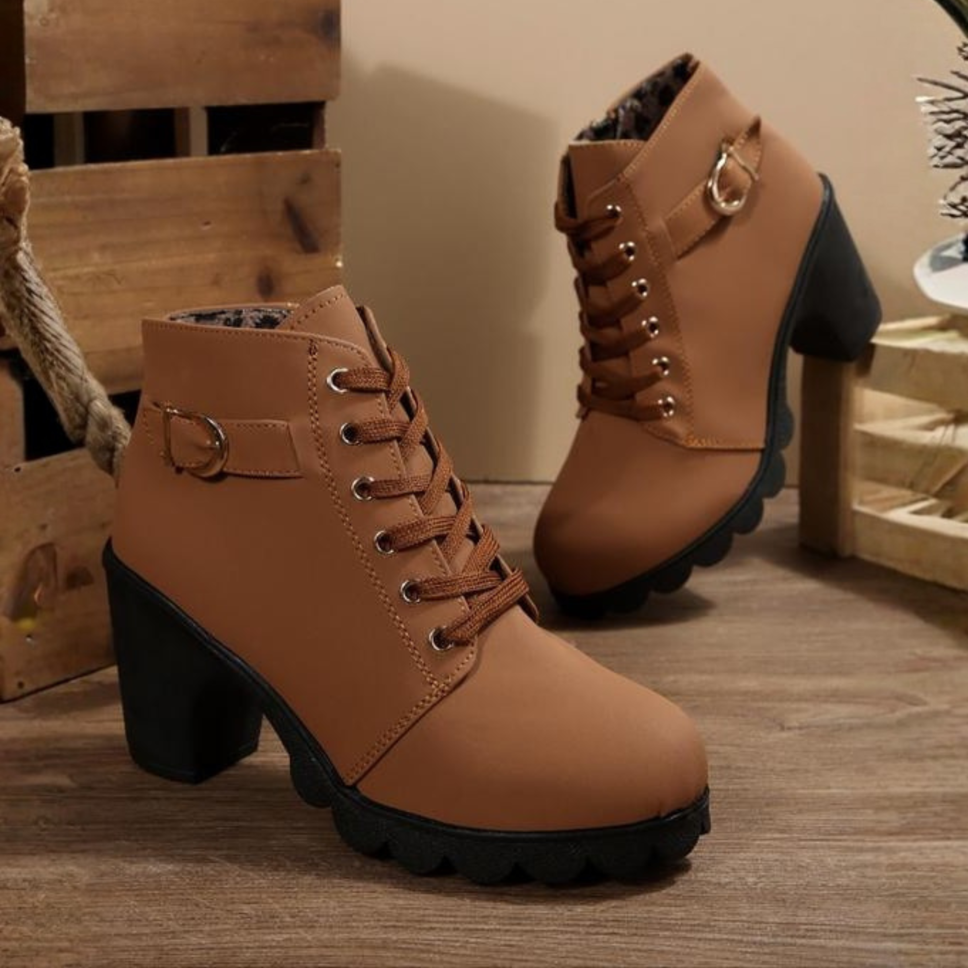 Beatrice | Chic Lace-Up Metal Buckle Chunky Ankle Boots