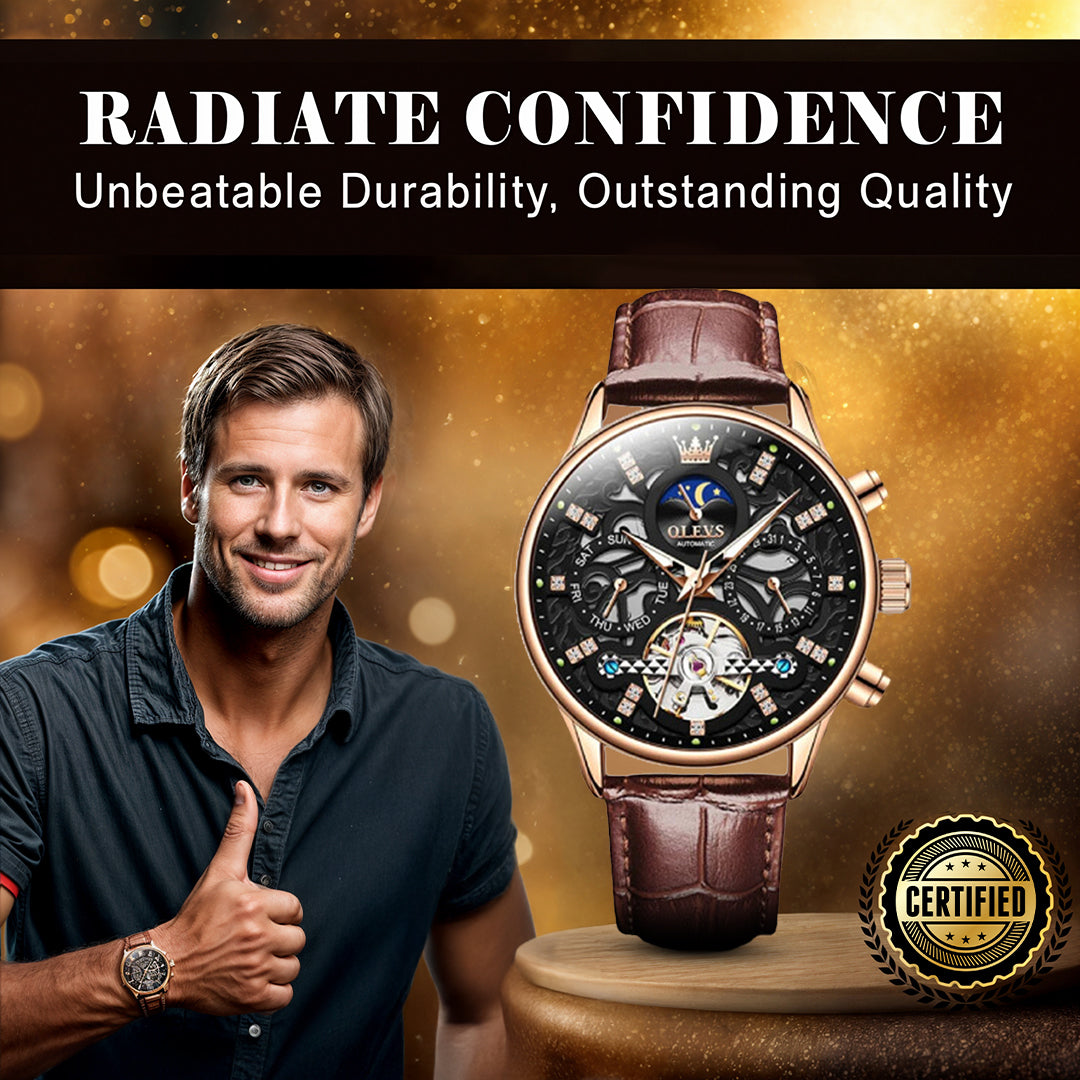 Automatic Slim Leather Strap Wrist Watch