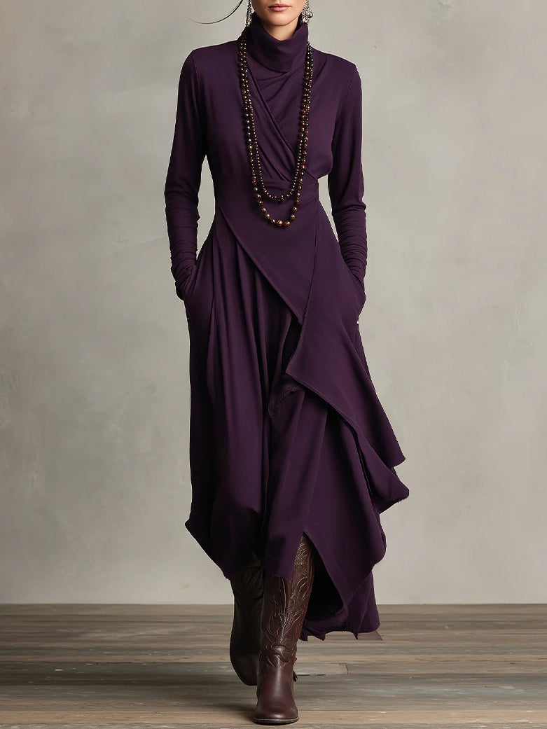 Elysian | Asymmetrical Pleated Maxi Dress with Turtleneck