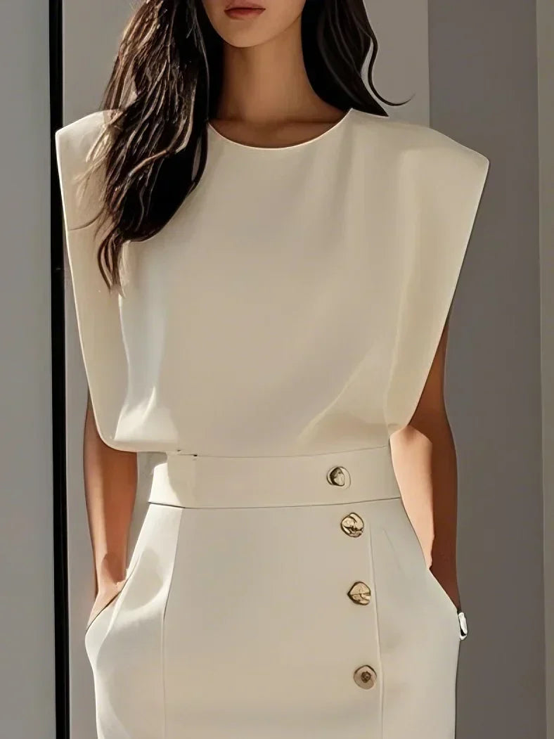 Genevieve | Solid Midi Dress with Button Slit and Round Neckline