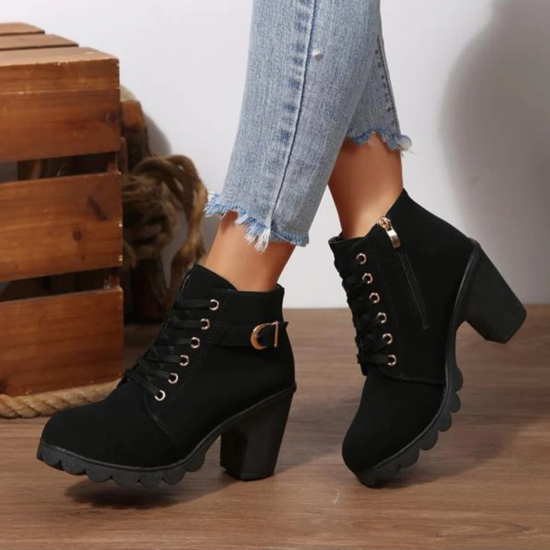 Beatrice | Chic Lace-Up Metal Buckle Chunky Ankle Boots