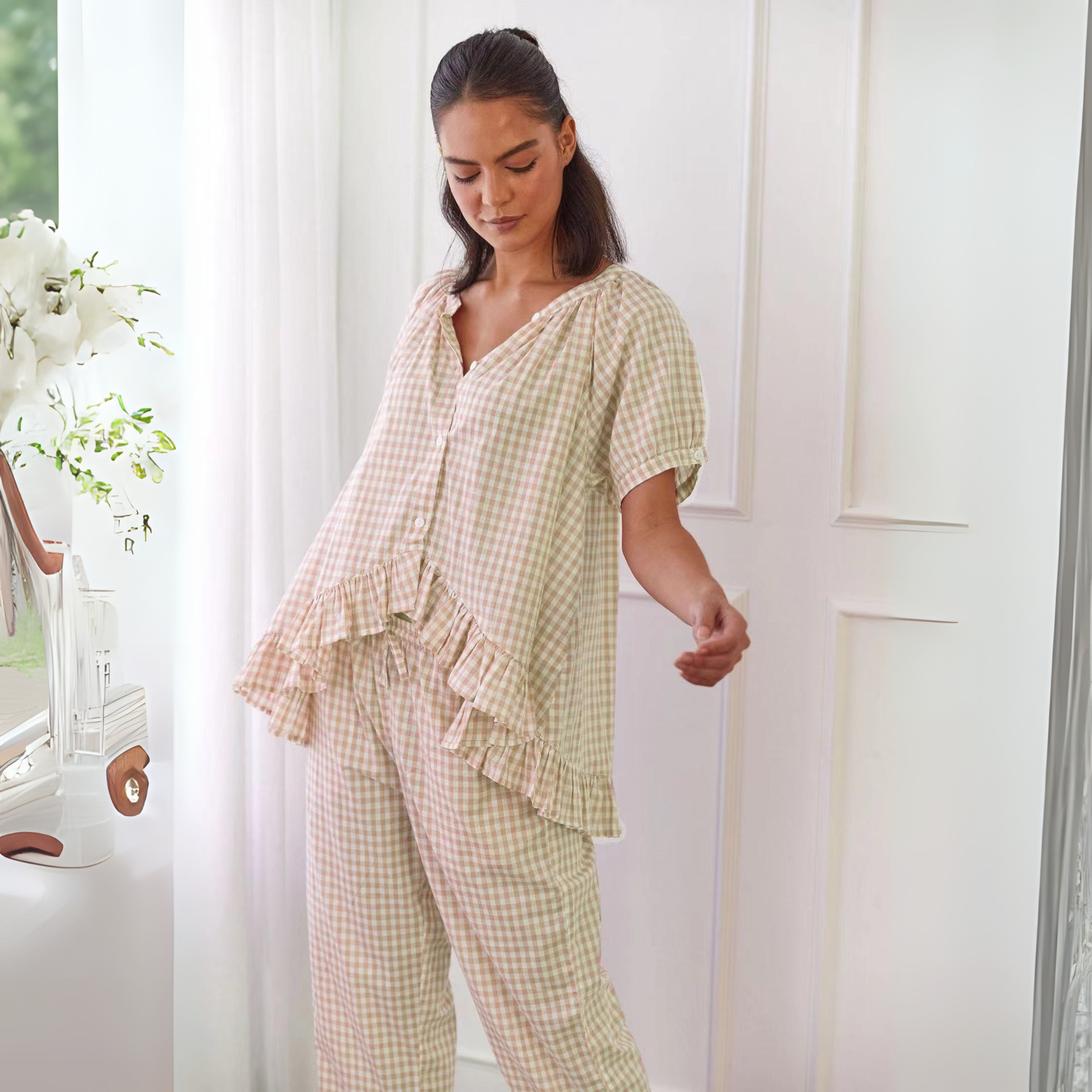 Stine | Casual Set with Checkered Top with Puff Sleeves and Pants