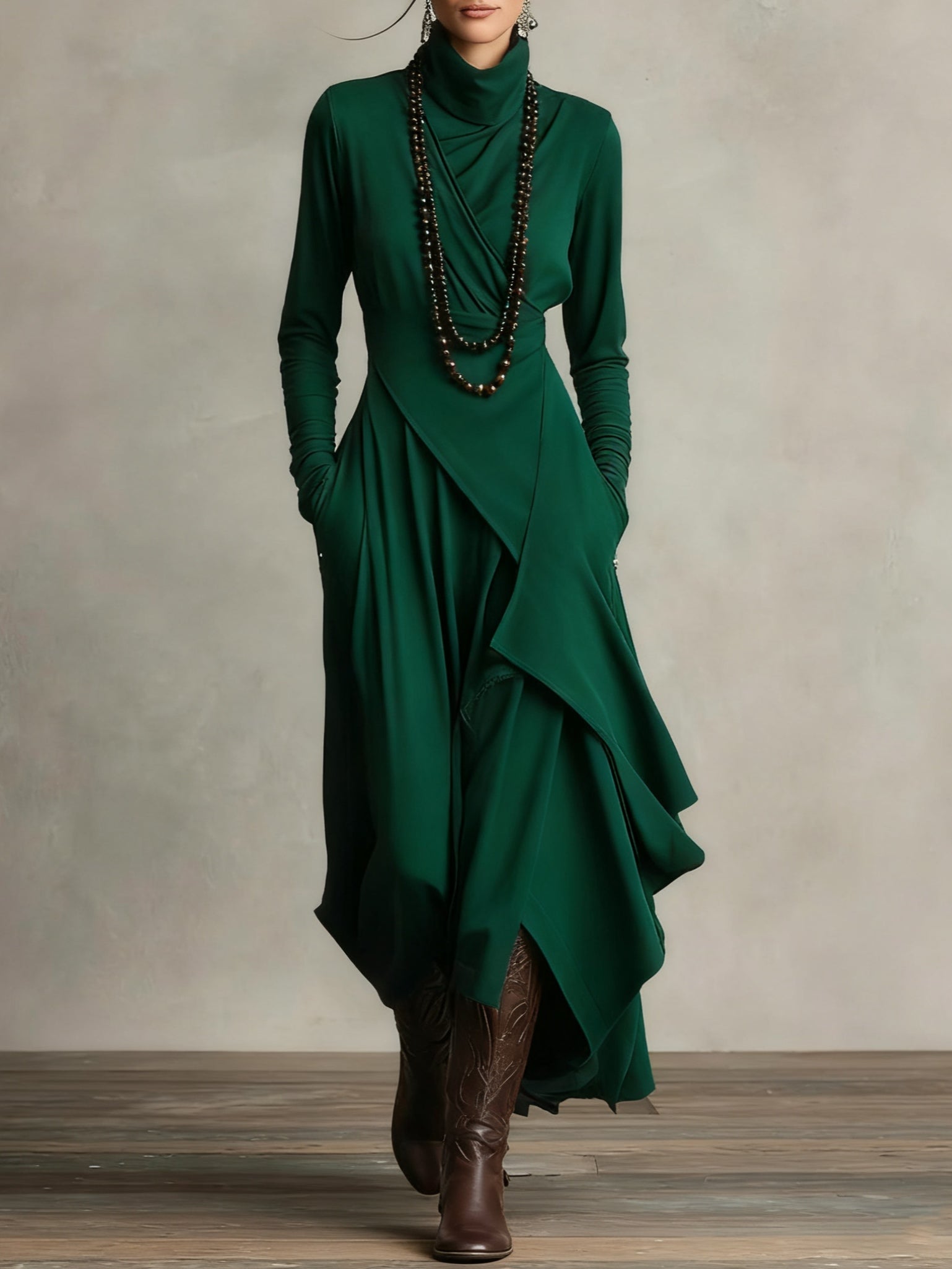 Elysian | Asymmetrical Pleated Maxi Dress with Turtleneck