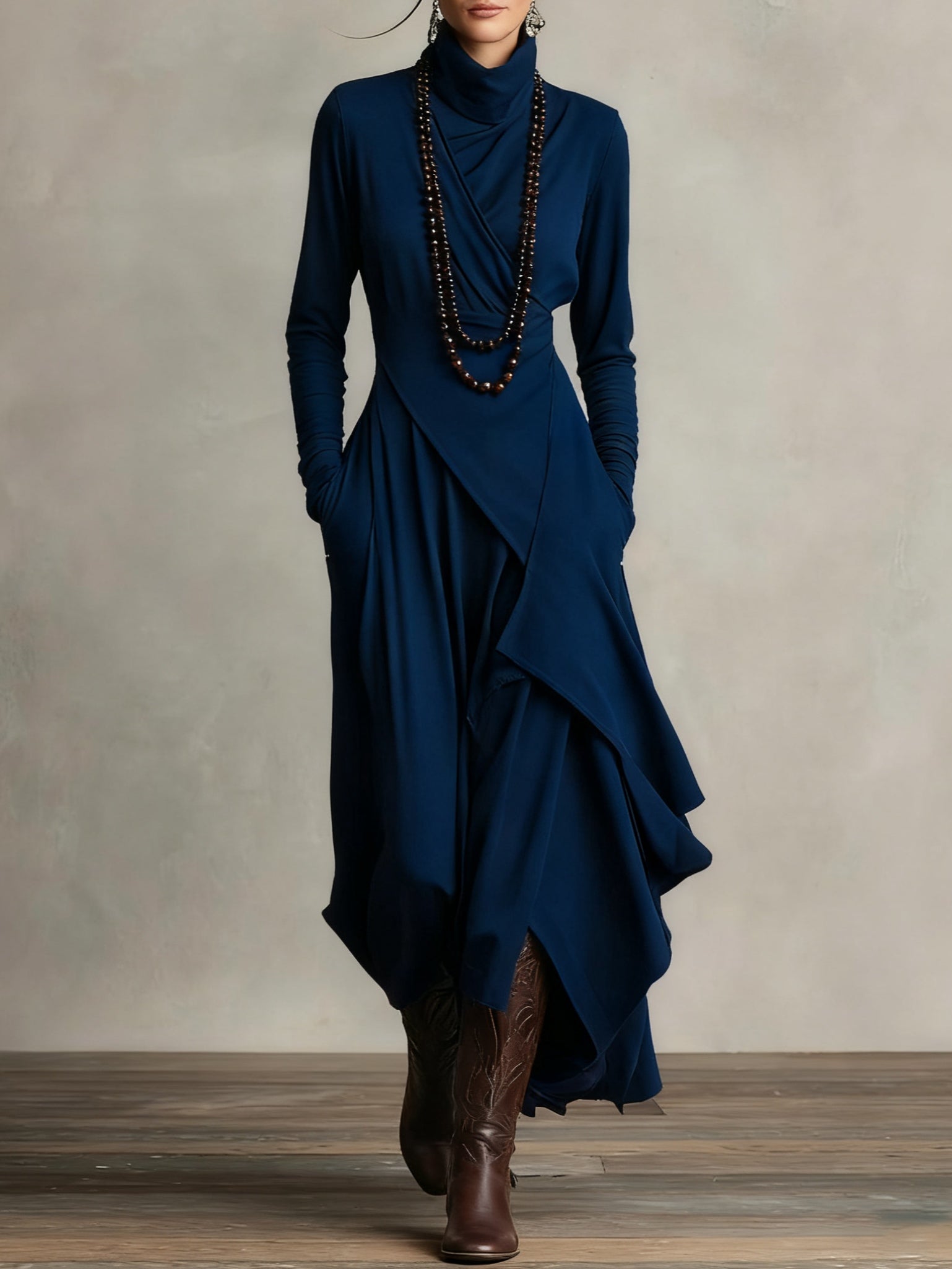 Elysian | Asymmetrical Pleated Maxi Dress with Turtleneck