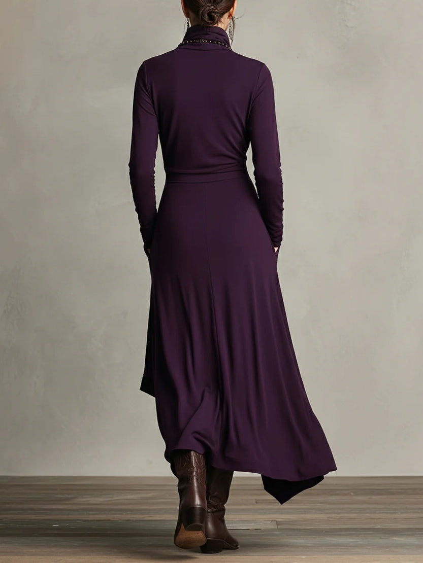 Elysian | Asymmetrical Pleated Maxi Dress with Turtleneck